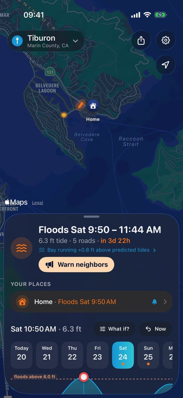 FloodRoute on iPhone: the Tiburon flood map with Saturday's flood window and a Warn neighbors button