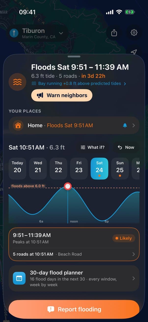 FloodRoute tide chart showing a flood window on Saturday with the roads that flood