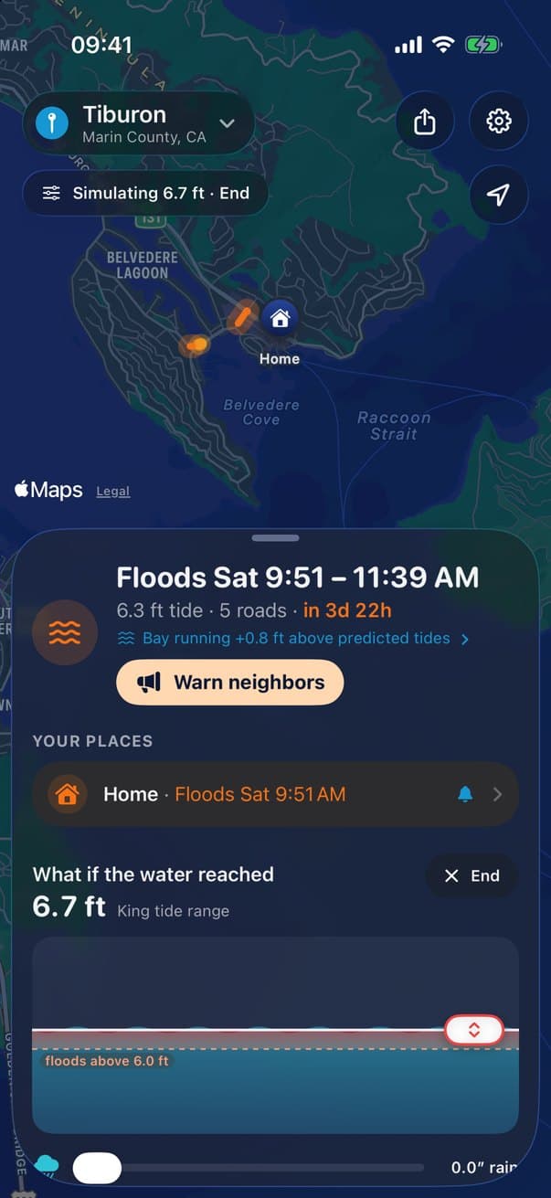 FloodRoute what-if mode with the water level raised to 6.7 feet